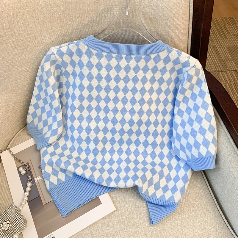 Summer Checkerboard Knitted Sweater Women Cartoon Cat Embroidered Short Sleeve Thin Ice Silk Sweater Casual Chic Knitwear Tops