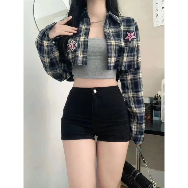 QWEEK Harajuku Plaid Cropped Shirt Women Korean Style KPOP Vintage Short Blouse Loose Youthful Streetwear Long Sleeve Clothing