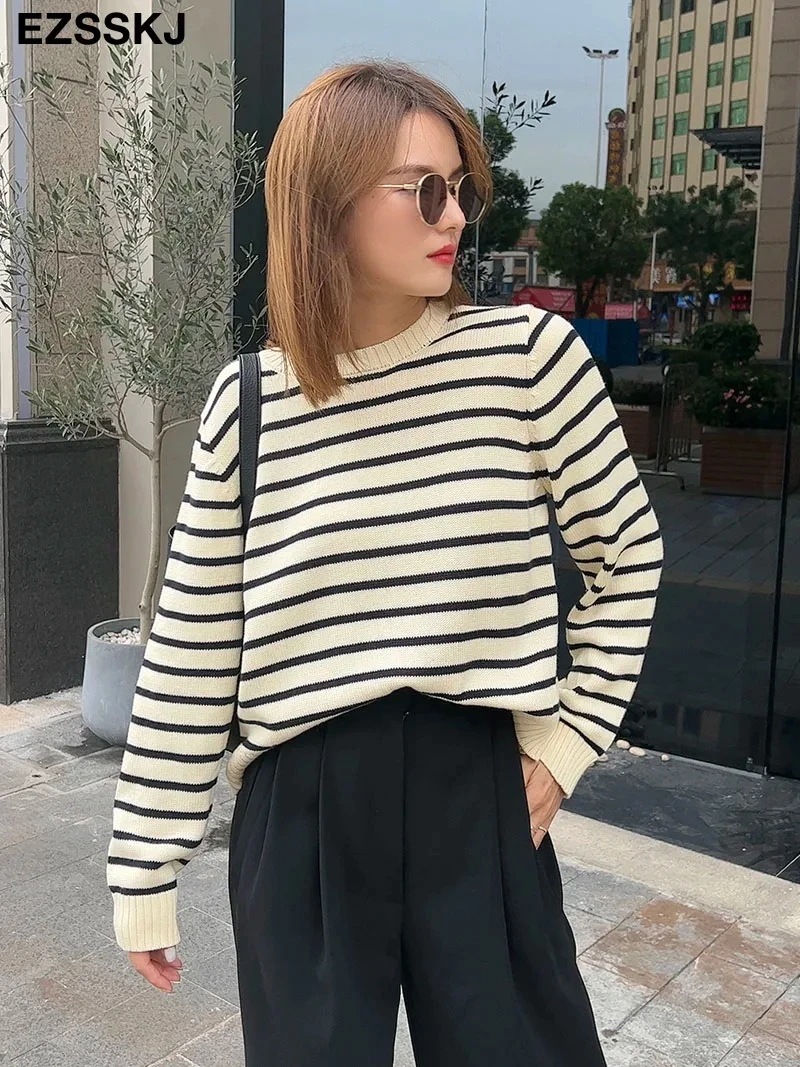 o-neck Black white stripe Loose Long sleeve sweaters 2022 women\'s sweater  female cotton chic female loose women\'s jumper pull