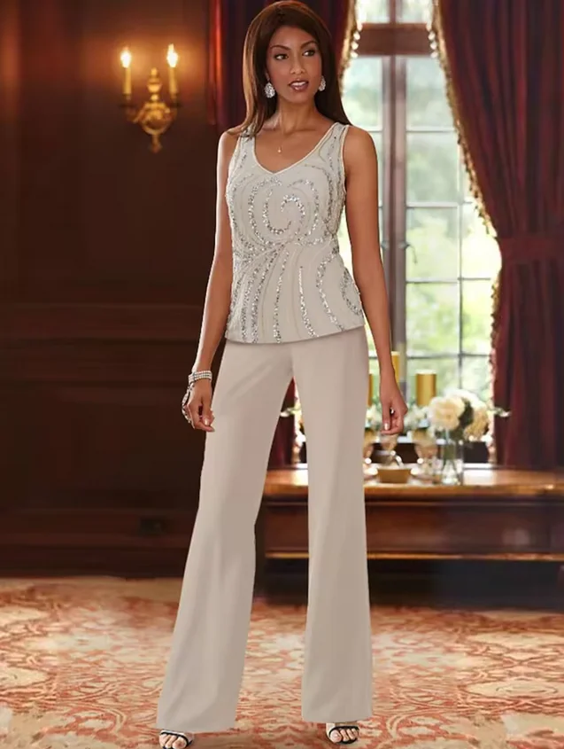 Jumpsuit / Pantsuit 3 Piece Mother of the Bride Dress Formal Wedding Guest V Neck Floor Length Chiffon with Beading Sequin 2026