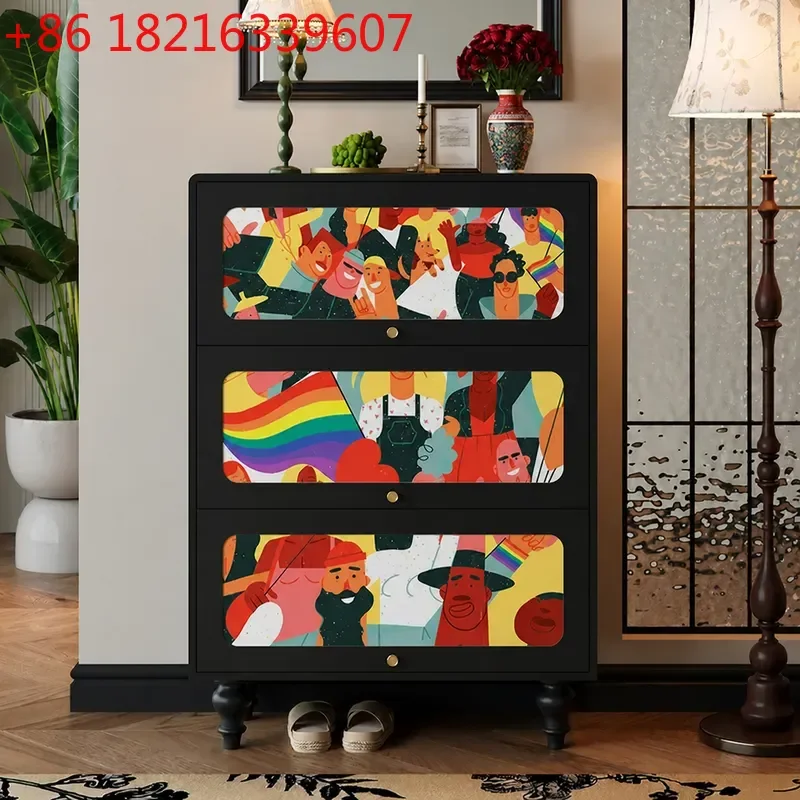 YAOAbstract Oil Painting Shoe Cabinet Entryway Storage Solid Wood Wall Mounted Living Room Organizer Functional Entrance Locker