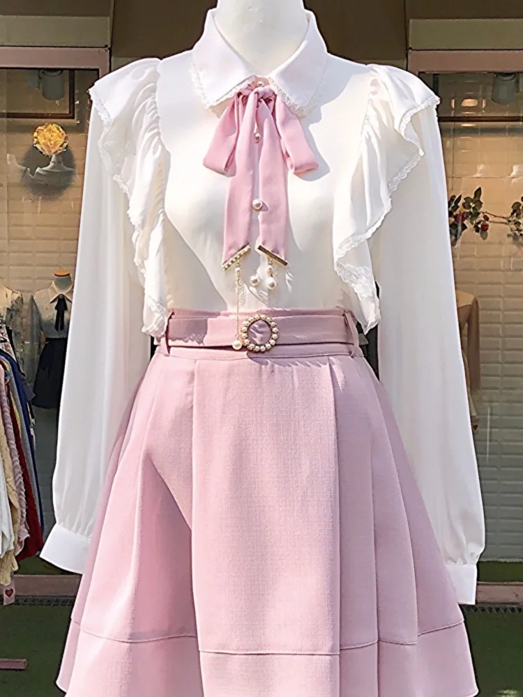 Spring Summer Women\'s Ruffles Cute Bow Tie Ladies Tops Preppy Style Vintage Korea Design Button Elegant Formal Shirts Blouses