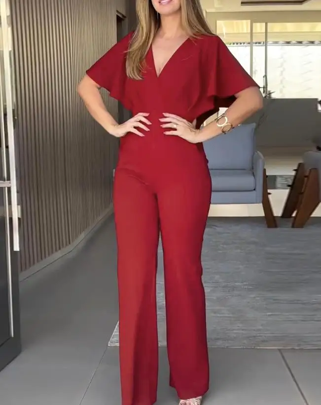 New Women's Clothing for Summer 2025 Elegant Sleeves, V-Neck Off Shoulder Jumpsuit, Casual Pocket Design, Pleated Edge Jumpsuit