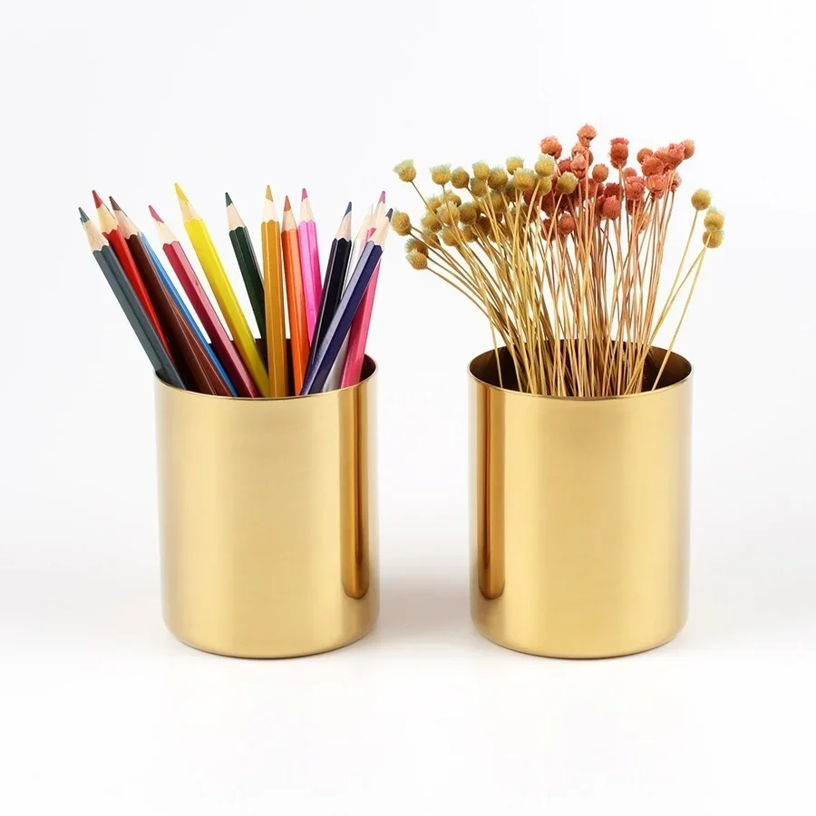 Gold Stainless Steel Round Pencil Case Metal Creative Storage Pencil Case Software Ornaments Vase Flower Arrangement