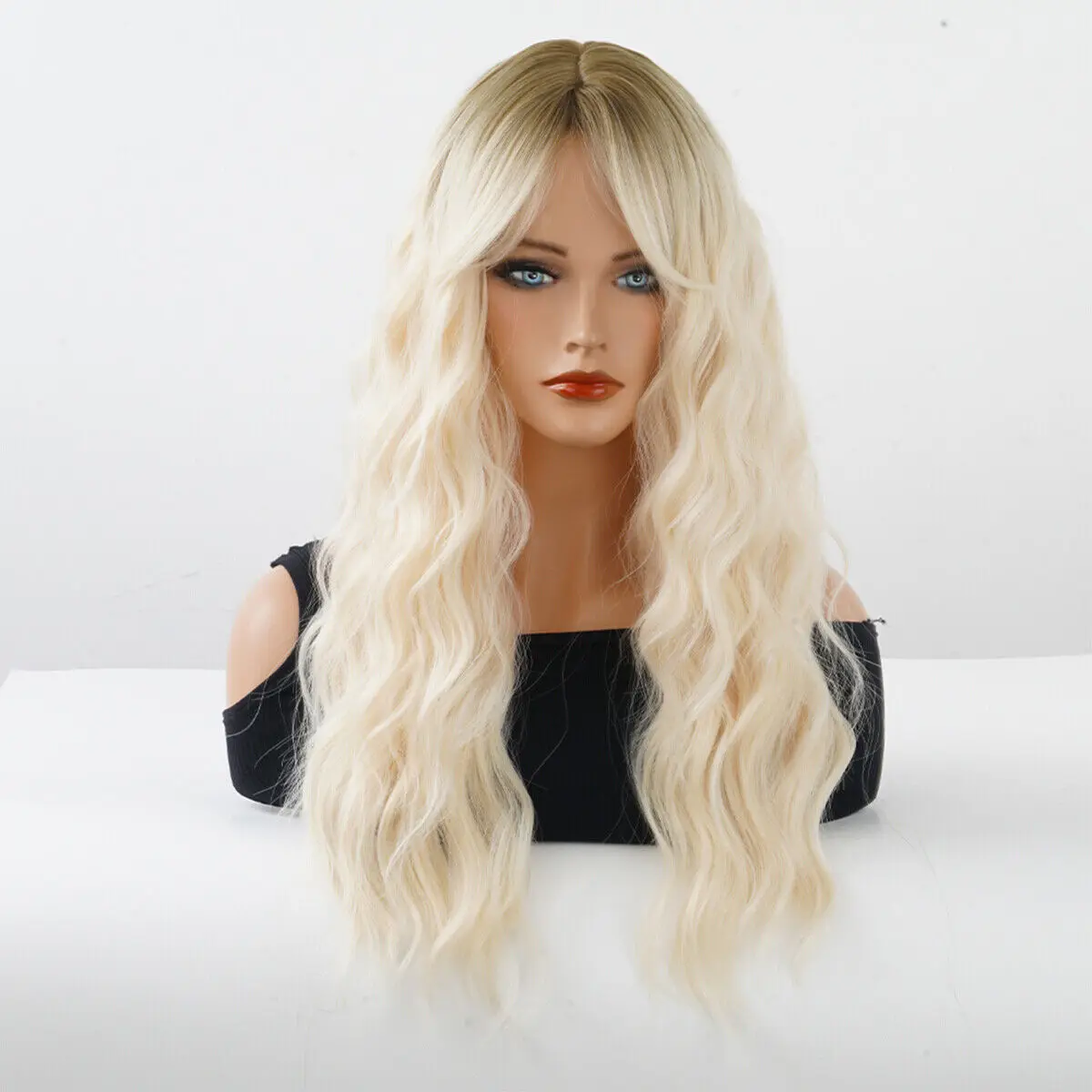

Ombre Platinum Blond Длинные волнистые натуральные модные парики с челкой для волос Daliy