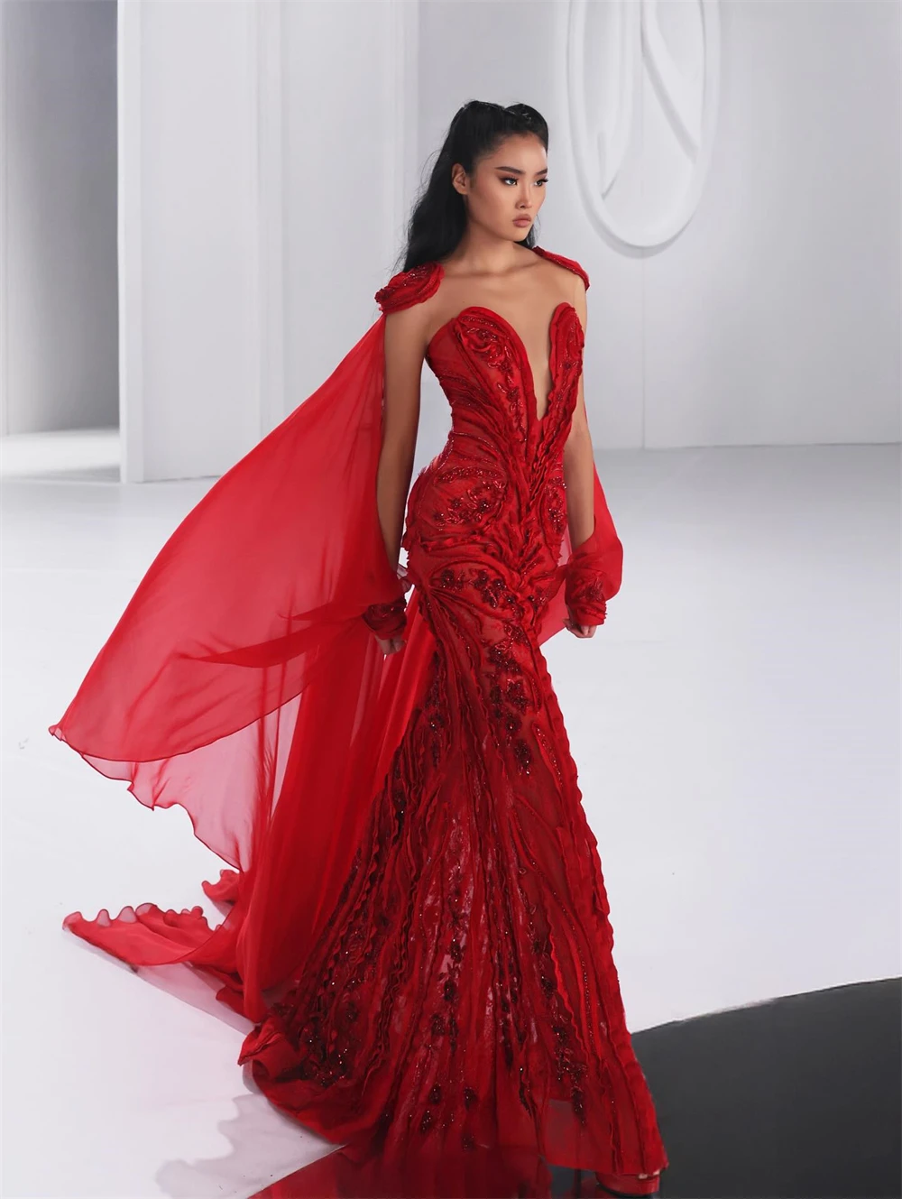 

Customized Classic Red Chiffon Evening Dresses Temperament Strapless Sleeveless Prom Dress Luxury Bespoke Occasion Gowns