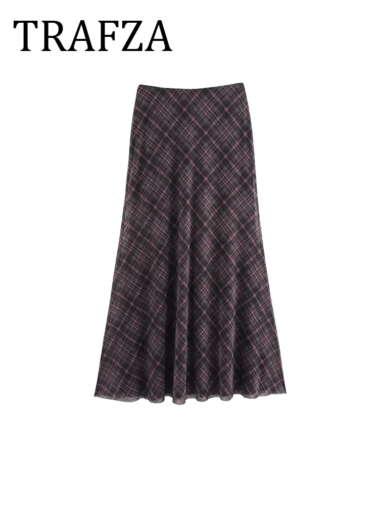 

TRAFZA женские клетчатые юбки-миди с высокой талией, плиссированные длинные юбки для женщин, новинка 2025, весенняя повседневная прямая юбка