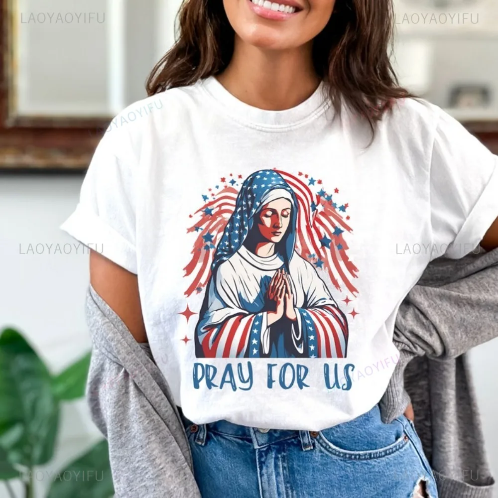 

‌4th July Catholic Cotton Shirt Women Men American Flag Christian Tshirt Independence Day Religious Tee USA Patriotic Gift Tops