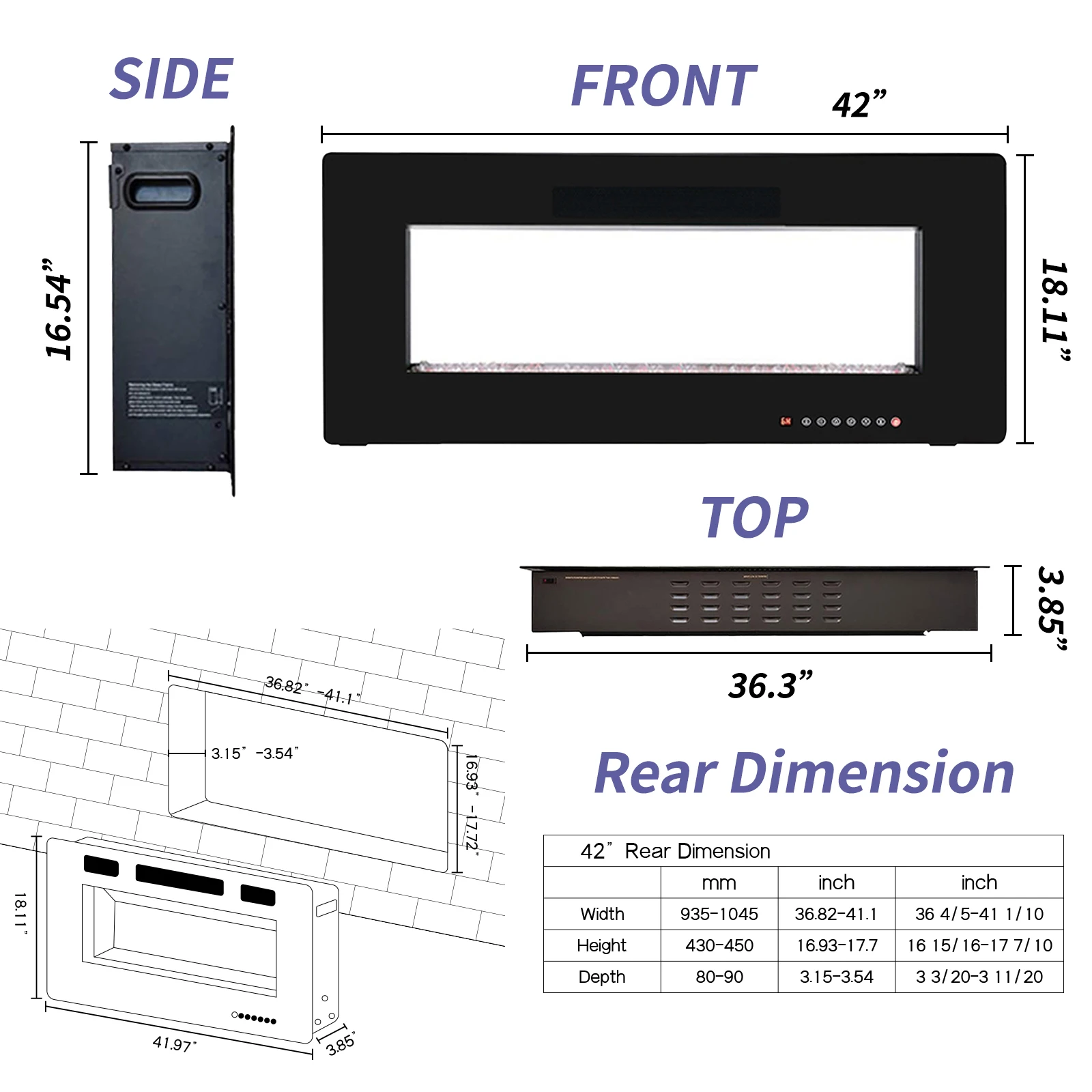 Recesso e parede lareira elétrica, ultra fino e baixo ruído, tela sensível ao toque, controle remoto, design exclusivo chama, 750w, 1500w, 42"