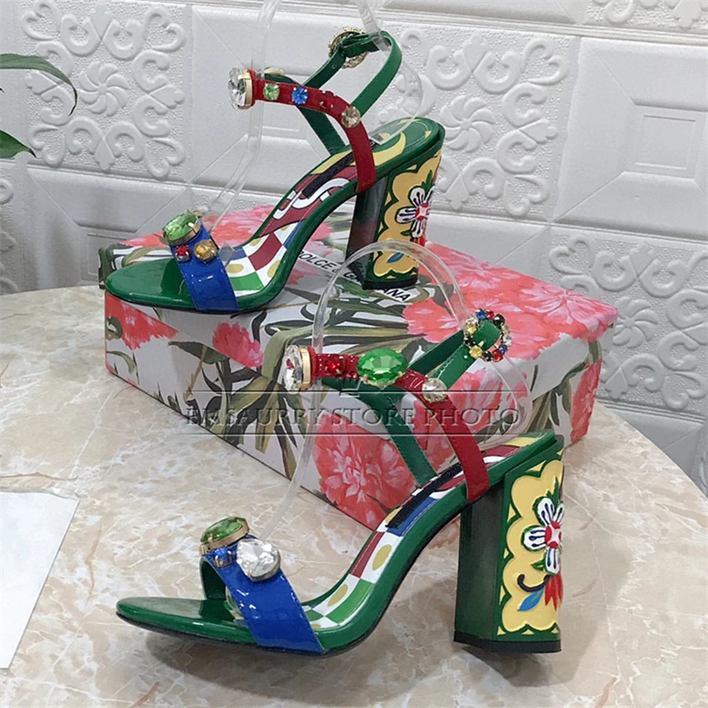 Colorful Print High Heel Modern Sandals Women Exotic Style Diamond Rhinestone Ankle Strap Holidays Shoes Summer