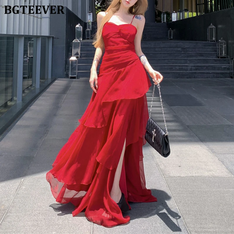 BGTEEVER Summer Elegant Ladies Spaghetti Strap Ruffles A-line Dress Vintage Women Slim Waist Sleeveless Party Dress