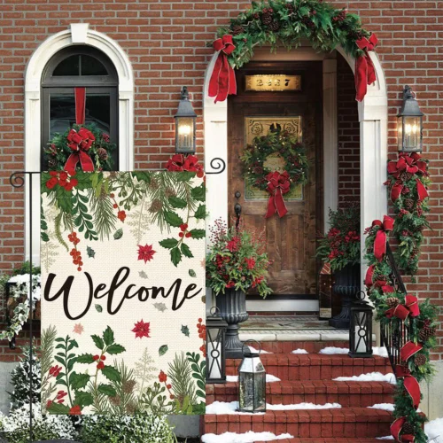 Poinsettia Holly Berries Christmas Garden Flag 12X18 Inch Double Sided Outside,