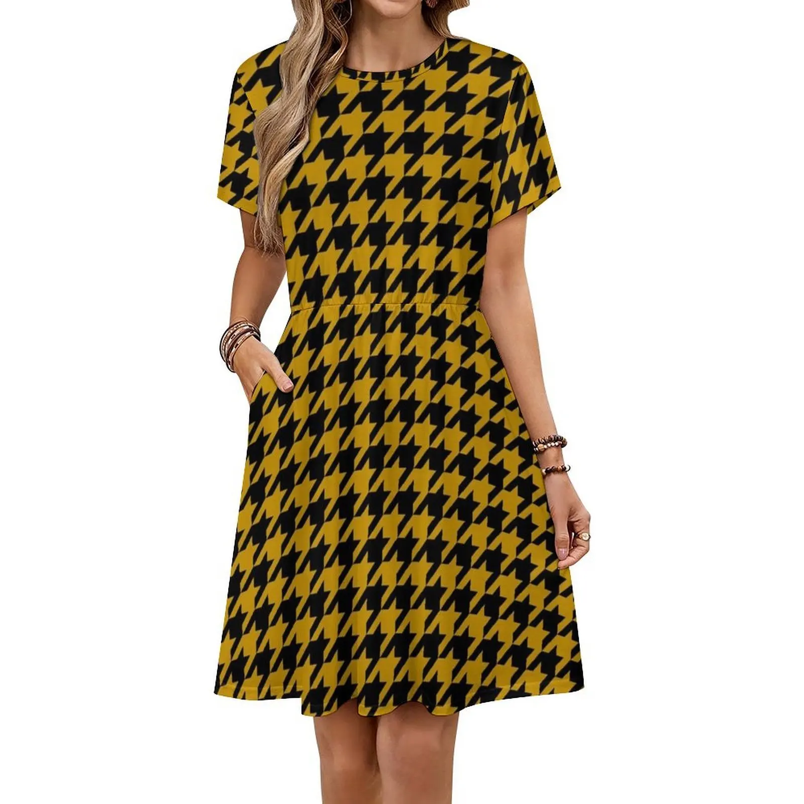 Traditional Houndstooth Pattern Sexy Vacation Dress For Women Beach Party Birthday Mini Dress Bee Yellow Black Black And Yellow view 6