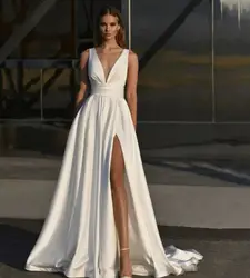 Customized Simple A-Line Wedding Dress Satin Side Slit Floor Length For women Robe De Mariee With Pocket White Elegant