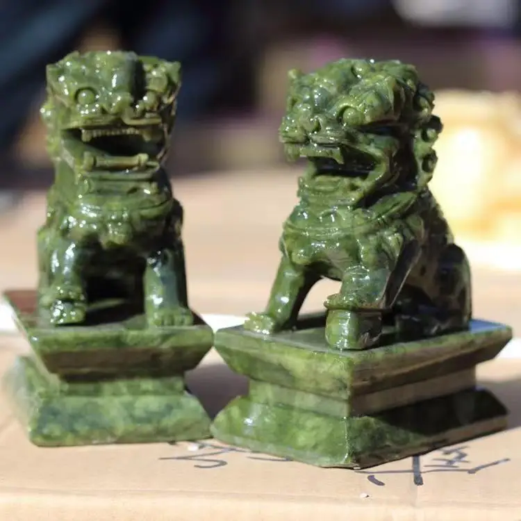 

Rare A pair 100% China natural jade hand-carved statues fo dog lion statues for decoration