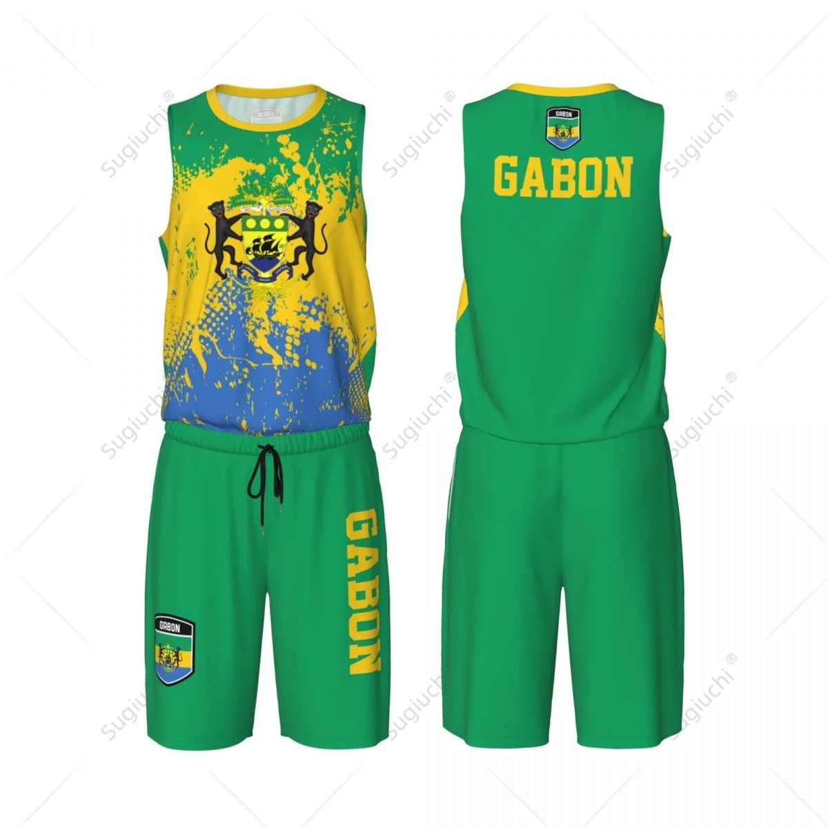 Gabon Flag Grain Men Basketball Set Shirt & Pants Sleeveless