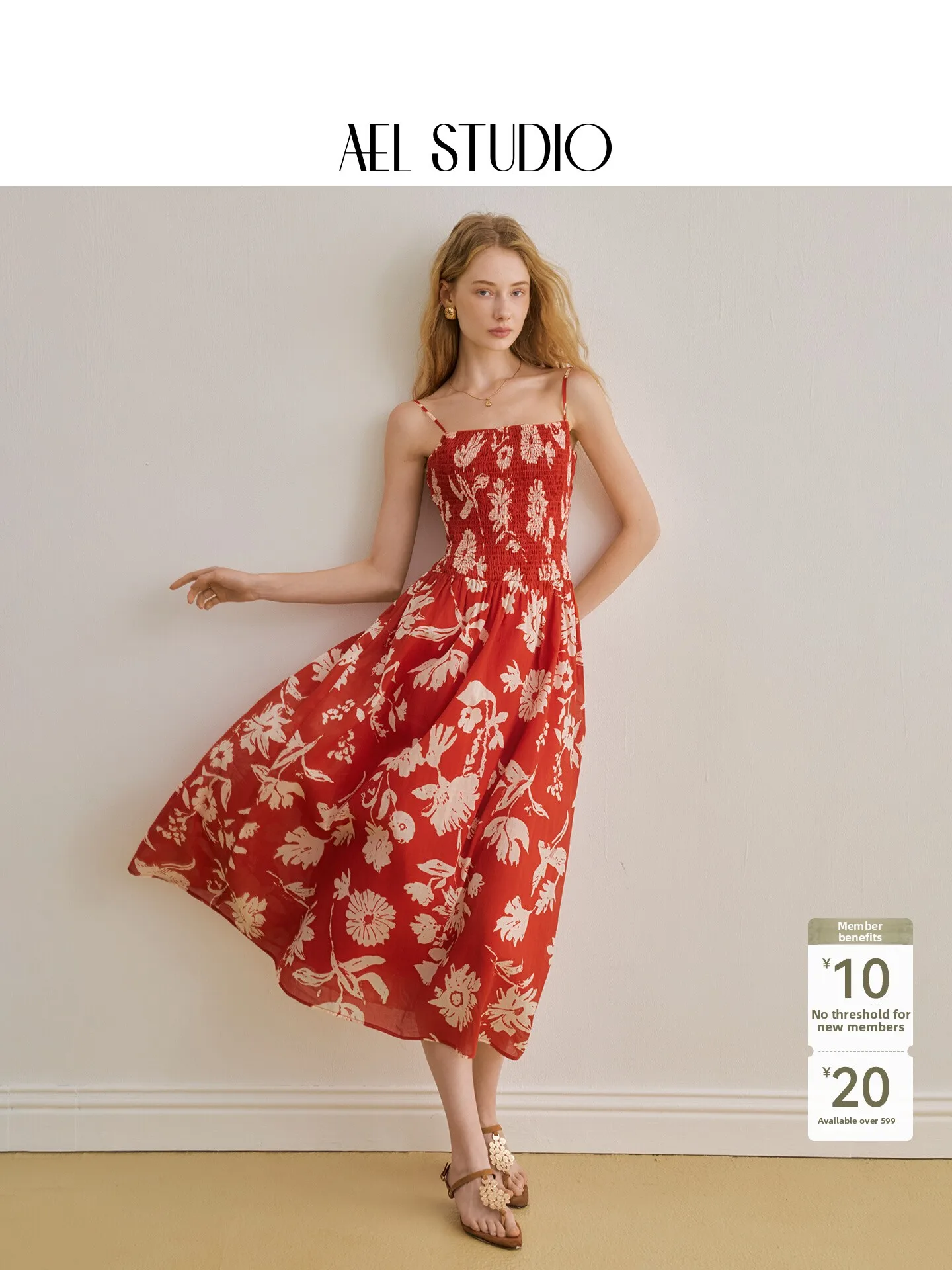 AEL Original Seaside Vacation Style Red Print Suspender Dress 26 Sommer Tailliertes und schmales, elegantes langes Kleid aus reiner Baumwolle – Detail 1