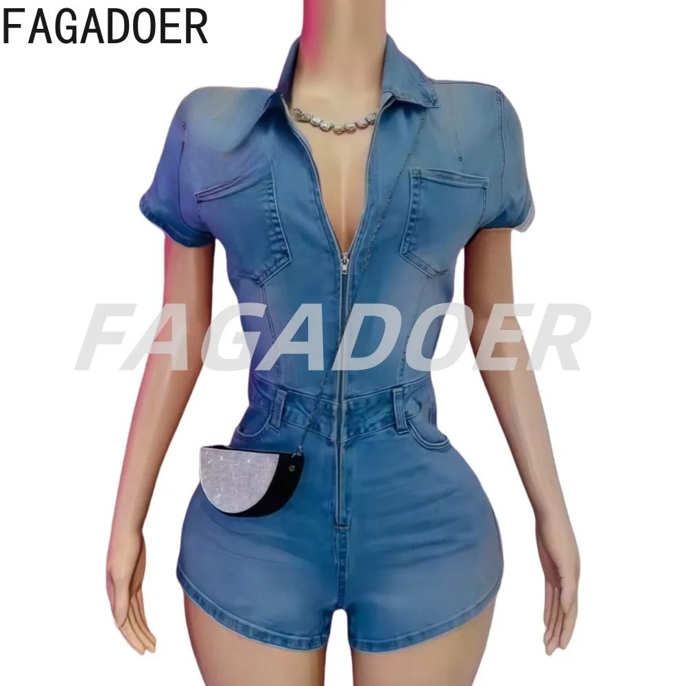 FAGADOER Spring New Fashion Denim Rompers Women Short Sleeve Zipper Patchwork One Piece Jeans Jumpsuit Female Stretchy Overalls