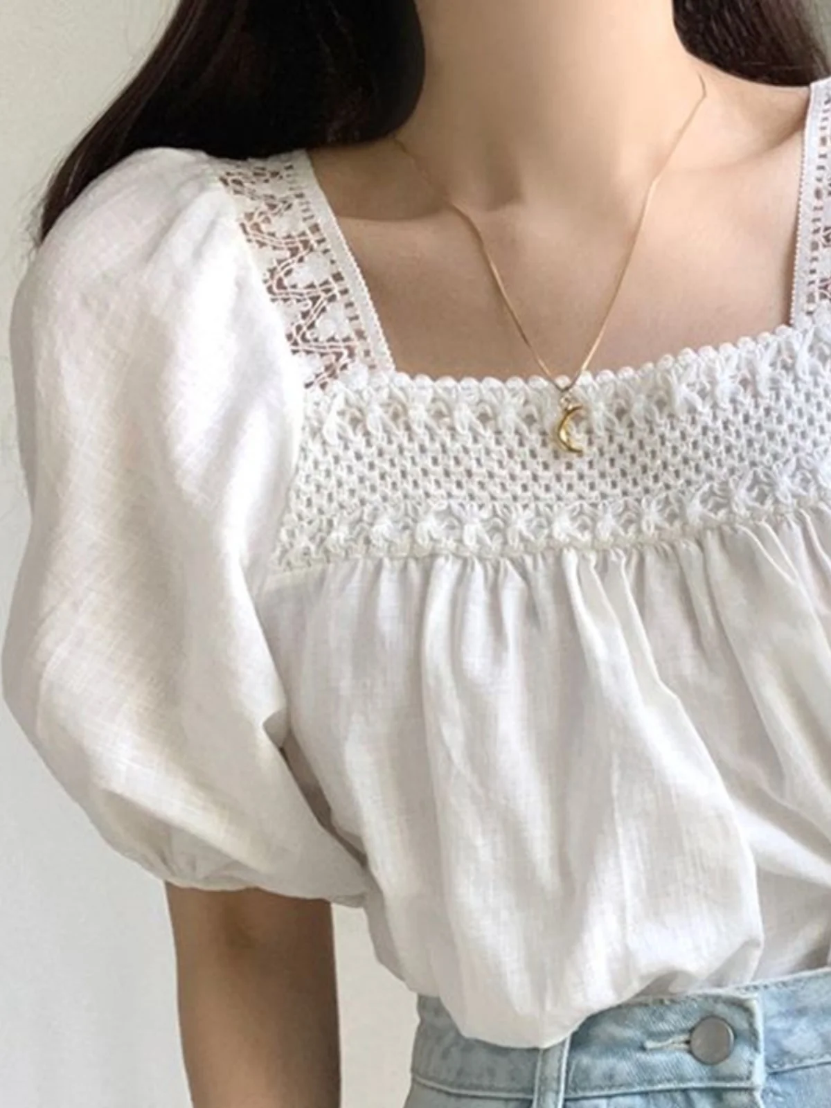 Rétro Chic dentelle garniture irt ort Sve col carré bulle ample Sve haut femmes Faionable été Blouse coréenne Sle