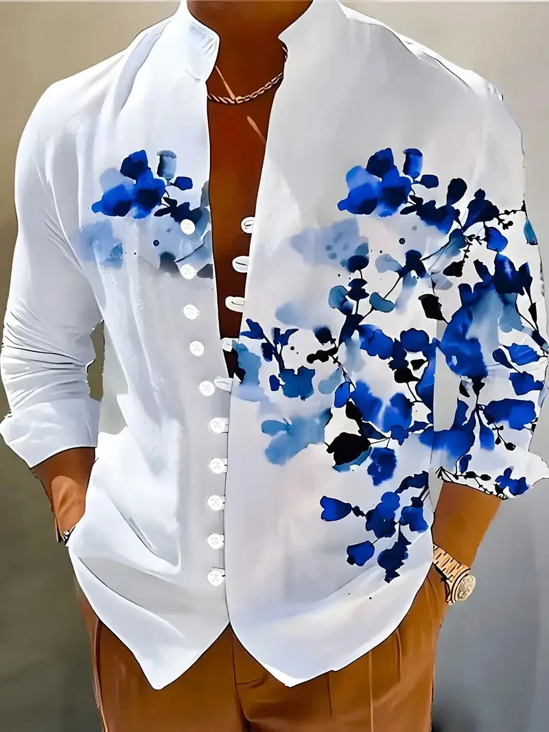 New Men's Ethnic Style Linen Long Sleeve Shirt Men Button Fashion Trendy Boat Anchor Pattern Fit Comfortable Vintage Top