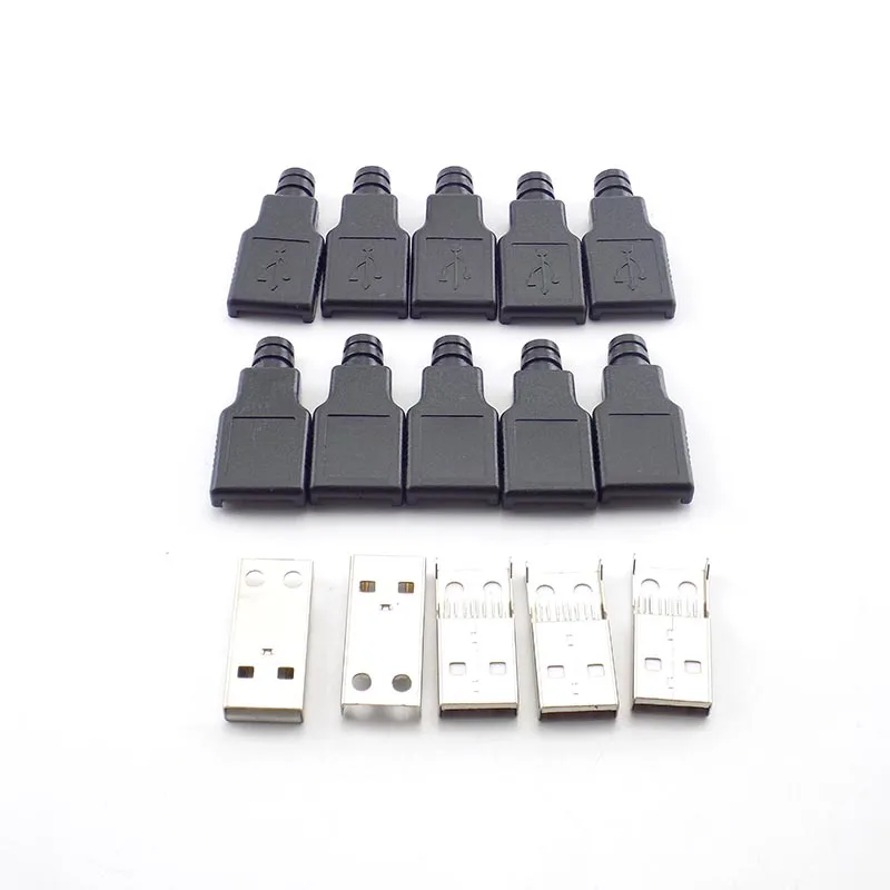 USB 2.0 macho e fêmea 4 pinos soquete adaptador, conector de solda com tampa plástica preta, plugue DIY, tipo A, 1 pc, 5 pcs, 10pcs