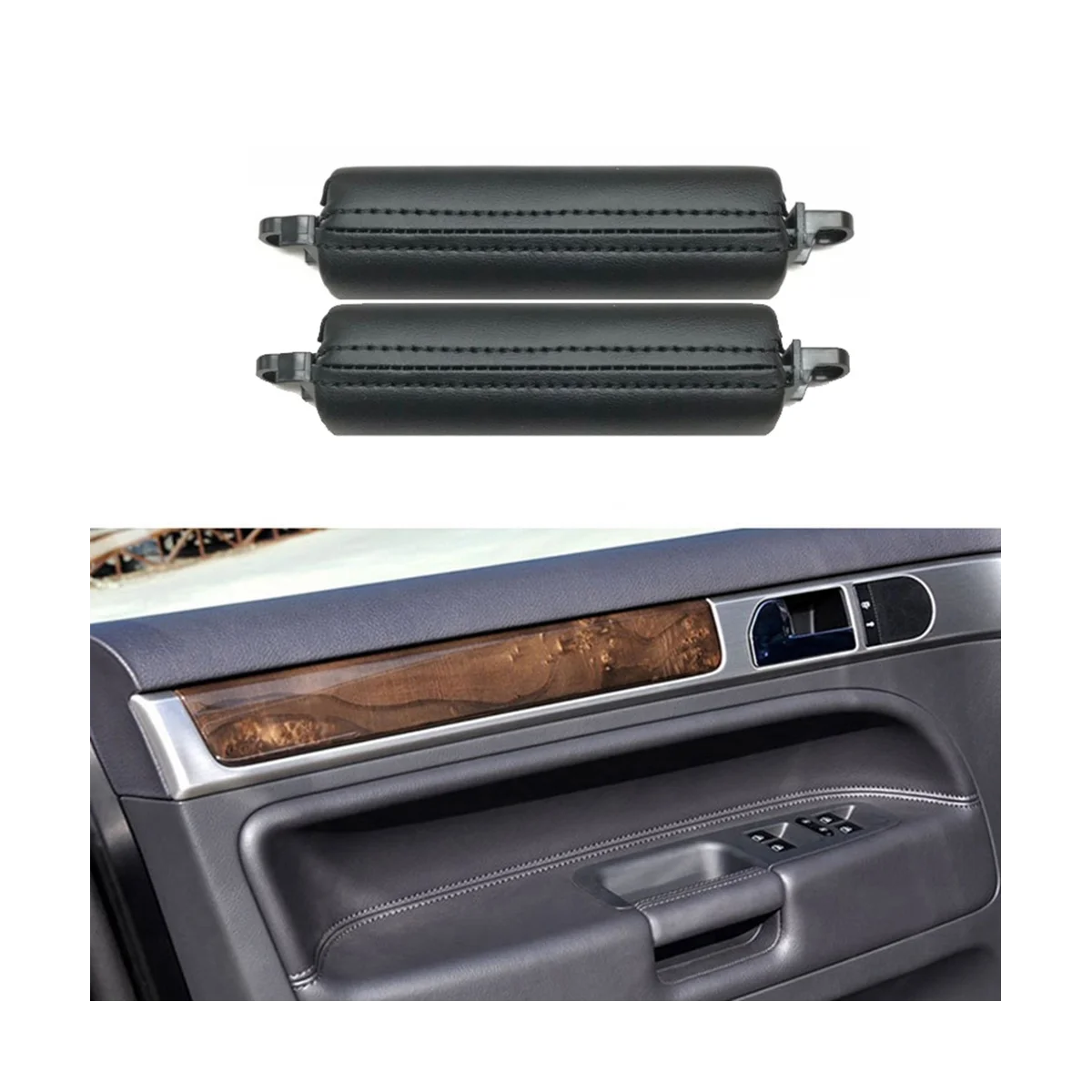 2PCS Car Front Door Handle Pull Trim PU Leather 7L6867161 for VW Touareg 2003-2010 Side Door Handle Inner LHD RHD Black