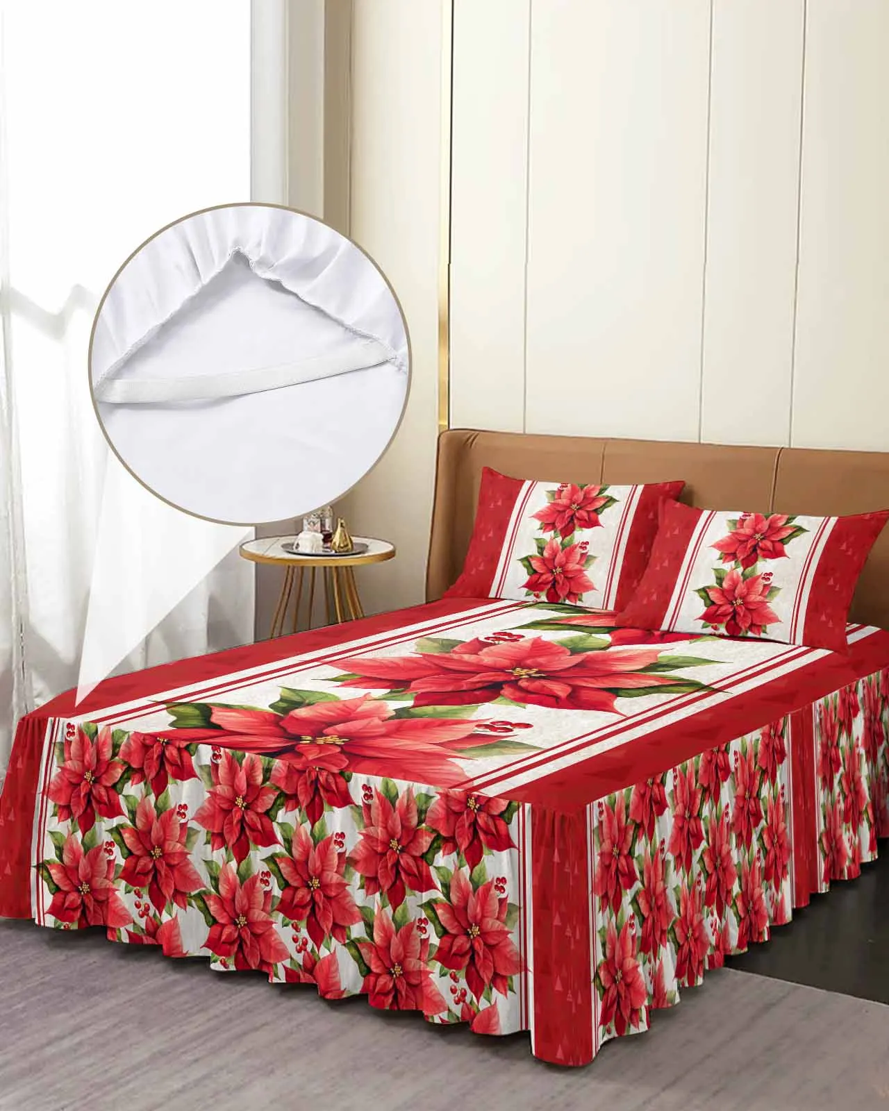 Christmas Tree Flowers Skirt Elastic Fitted Bedspread With Pillowcases Mattress Cover Bedding Set Bed Sheet