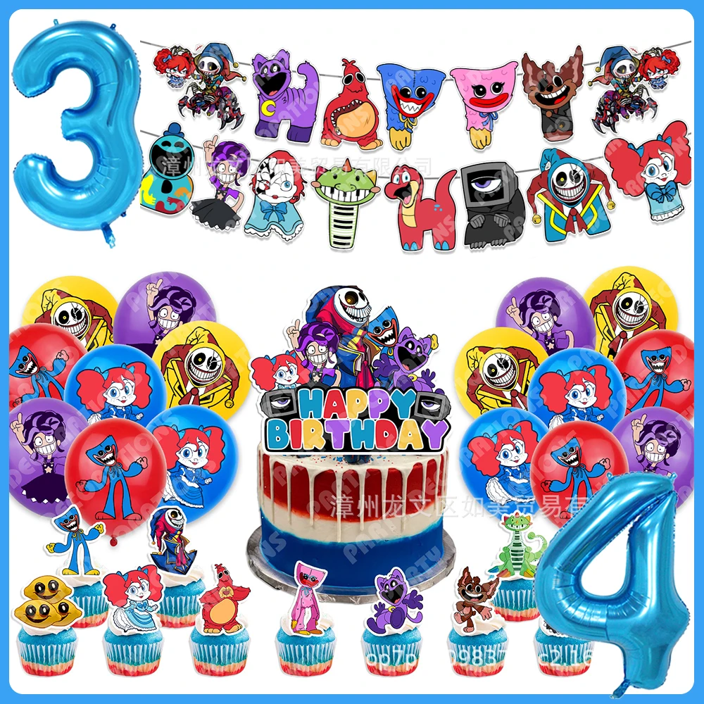 Image of Cartoon Huggy Wuggy Geburtstagsdekorationen Partyzubehör Smiling Critter Hintergrund Ballons Banner Tortendekoration Halloween Deko-Set