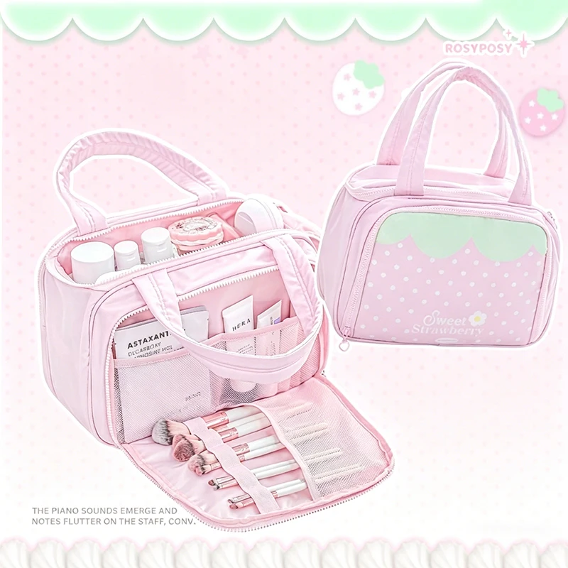 Large-capacity Partitioned Makeup Bag Sweet Cute Strawberry Musical Notes Handbag Portable Multi-layer Travel Toiletry Bags