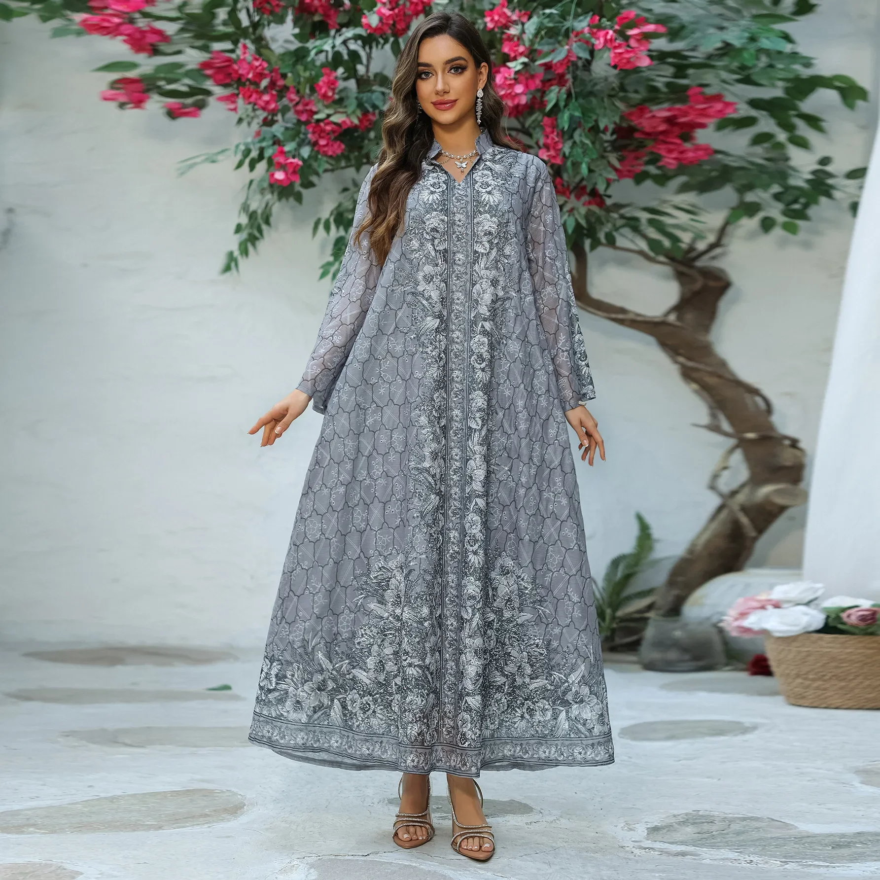 Gedrukt lang gewaad Damesmode Midden-Oosten Moslimvrouwen Etnische stijl geborduurde jurk Jalabiya Abaya