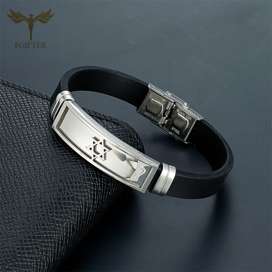 Stainless Steel Cuff Bracelets Jerusalem Magen Star OF David Charm Smooth Black Silicone Bangle Jewish Jewelry Mujer Pulseras