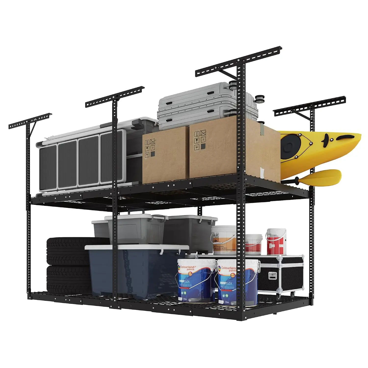 2-Tier Overhead Garage Storage Rack, Heavy-Duty Metal 1000LB Adjustable Height Double-Layer System 9-15FT, Customized