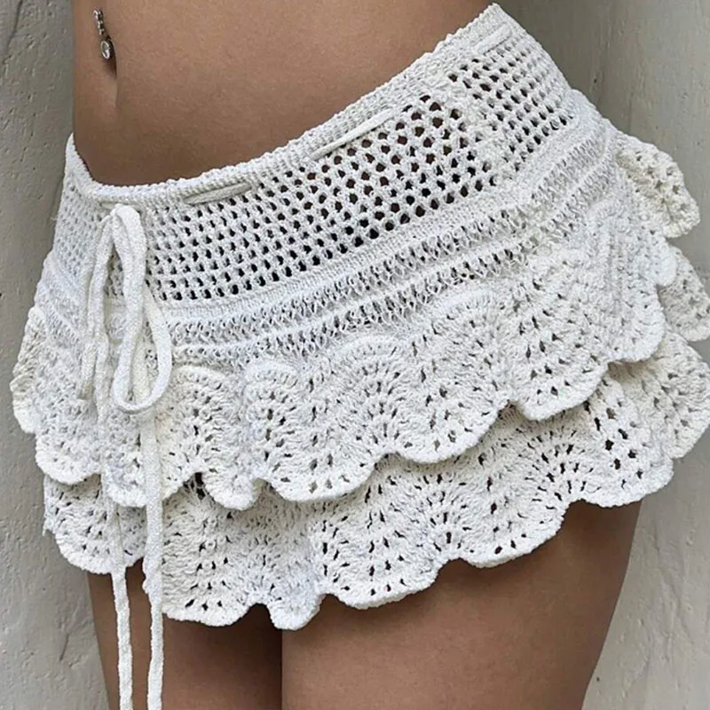 BKQU Sexy Hollow Out Knitted Mini Skirt Women Summer Low Waist Ruffle A-Line Cover Up Short Skirt Vacation Beach y2k Bottoms