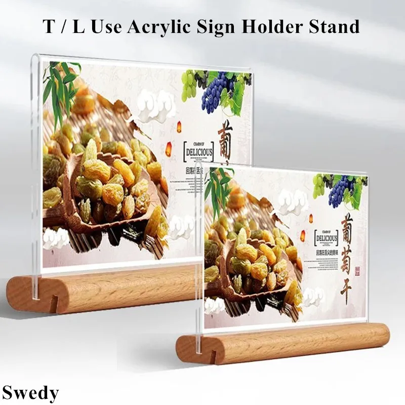90x55mm T / L Use Wood Base Acrylic Sign Holder Display Stand Small Table Number Menu Holder Price Label Card Tags