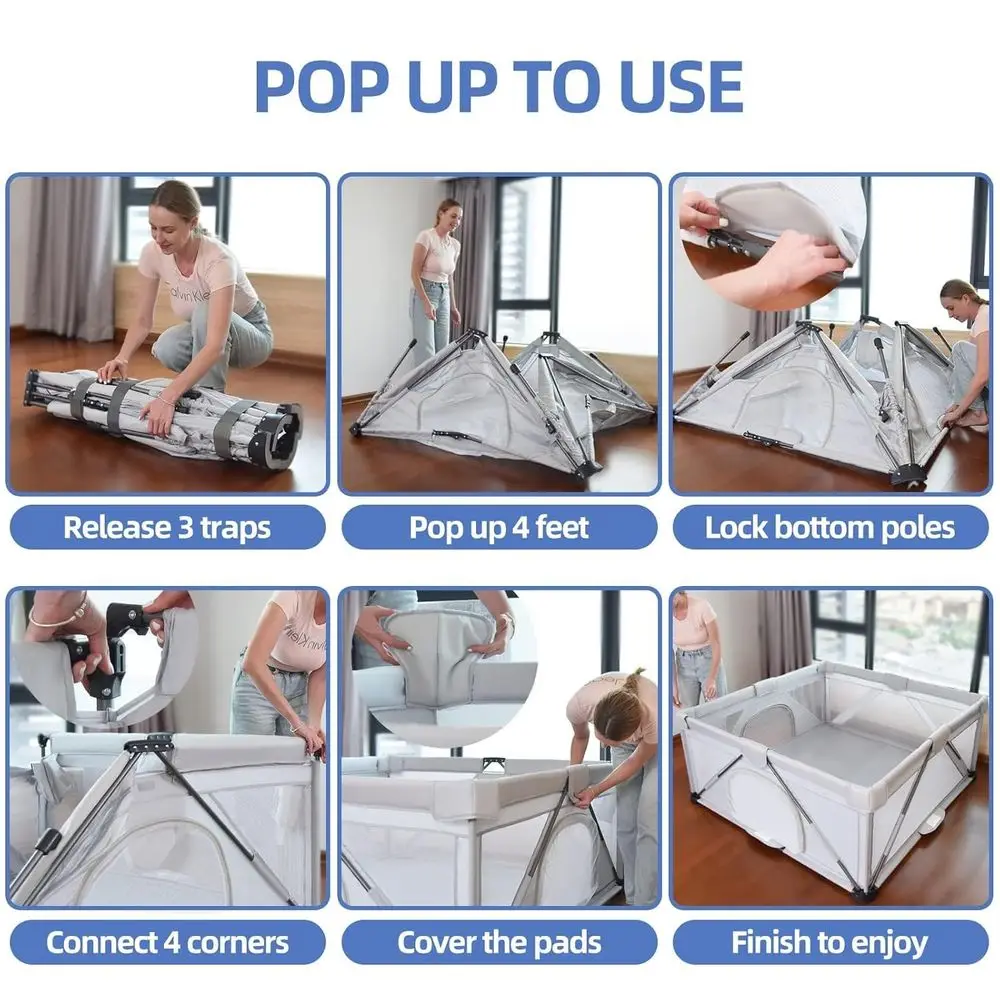 روضة أطفال رمادية قابلة للطي مقاس 59 × 71 مع 50 كرة محيطية، 4 مقابض، منطقة لعب آمنة للأطفال والرضع، ساحة محمولة داخلية/خارجية