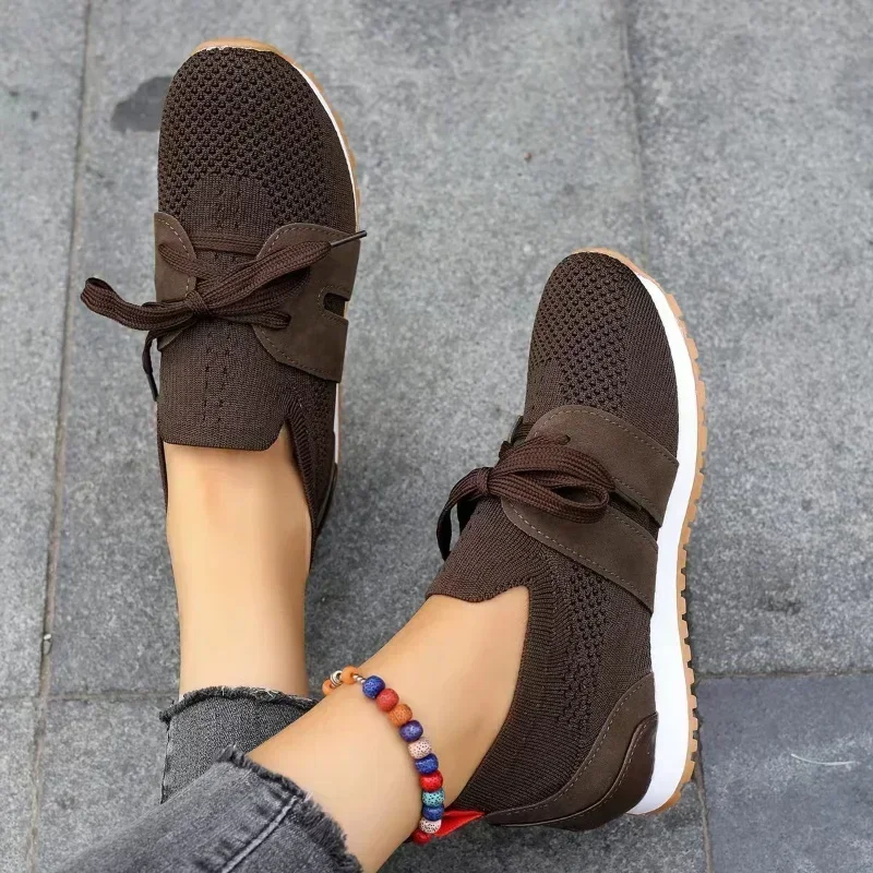 2024 Brown Knit Breathable Womens Sneakers Shoes New Platform Flats Woman Plus Size 43 Non Slip Casual Shoes Mesh Tenis De Mujer