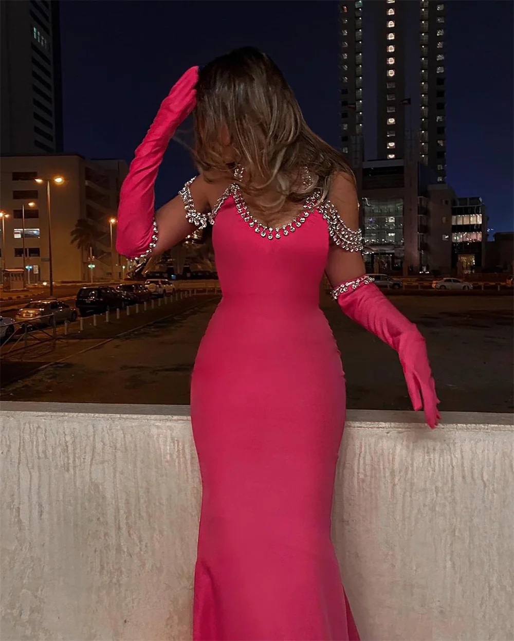 Mila Halter Neck Chain Prom Dresses Customized Detachable Sleeves Evening Woman Dresses Sheath Floor-Length vestidos de fiesta