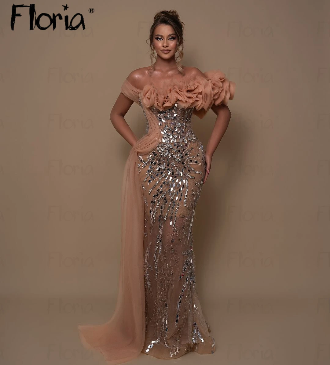 Floria Gorgeous Champagne Ruffles Evening Dress With Silver Diamond Formal Prom Party Gowns Dubai  Special Occasion Dresses