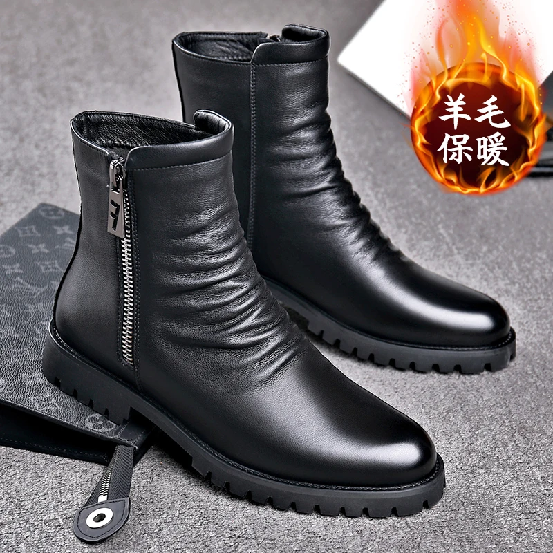 

Genuine Leather Chelsea Boots Winter Plush High Top Wool Style Short Zipper Medium Length Leather Boots Martin Boots Men's Trend