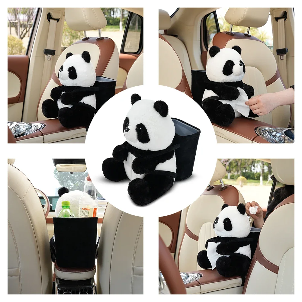 Cute Panda 2-in-1 Storage Tissue Box Car Accessories Kawaii Auto Interior Creative Armrests Drink Bottle Cup Holder Garbage Can