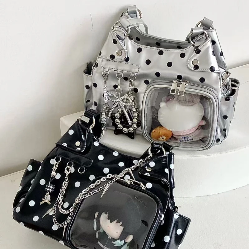 Polka Dot Ita Bag mit transparentem Sichtfenster, Damen-Umhängetasche, japanische Mädchen-Handtasche mit süßer Schleifendekoration. – Detail 1