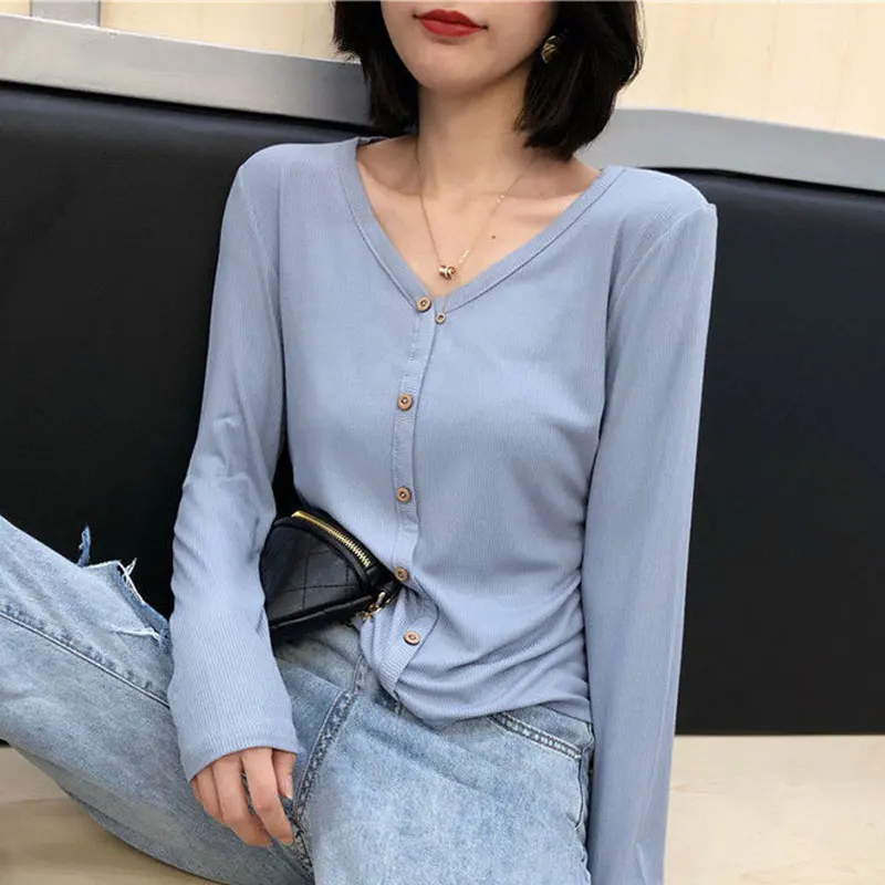 Women\'s Monochromatic V-Neck Long Sleeve T-Shirt, Slim Fit Clothes, All-Match Casual Tops, Korean Fashion, Simplicity, Spring