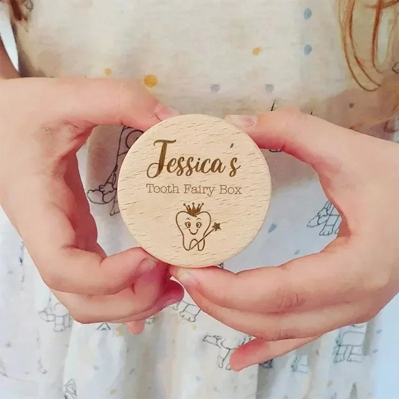 Free Personalized Tooth Fairy Box Round Wooden Tooth Fairy Holder Birthday Gift for Girls & Boys Custom Name Milk Tooth Box Case