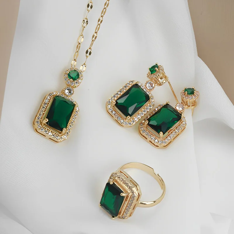 Emeralds Stainless Steel Pendants Necklace Earring Rings For Women Girls Luxury Clavicle Chain Necklace Rings Fashion Jewelry