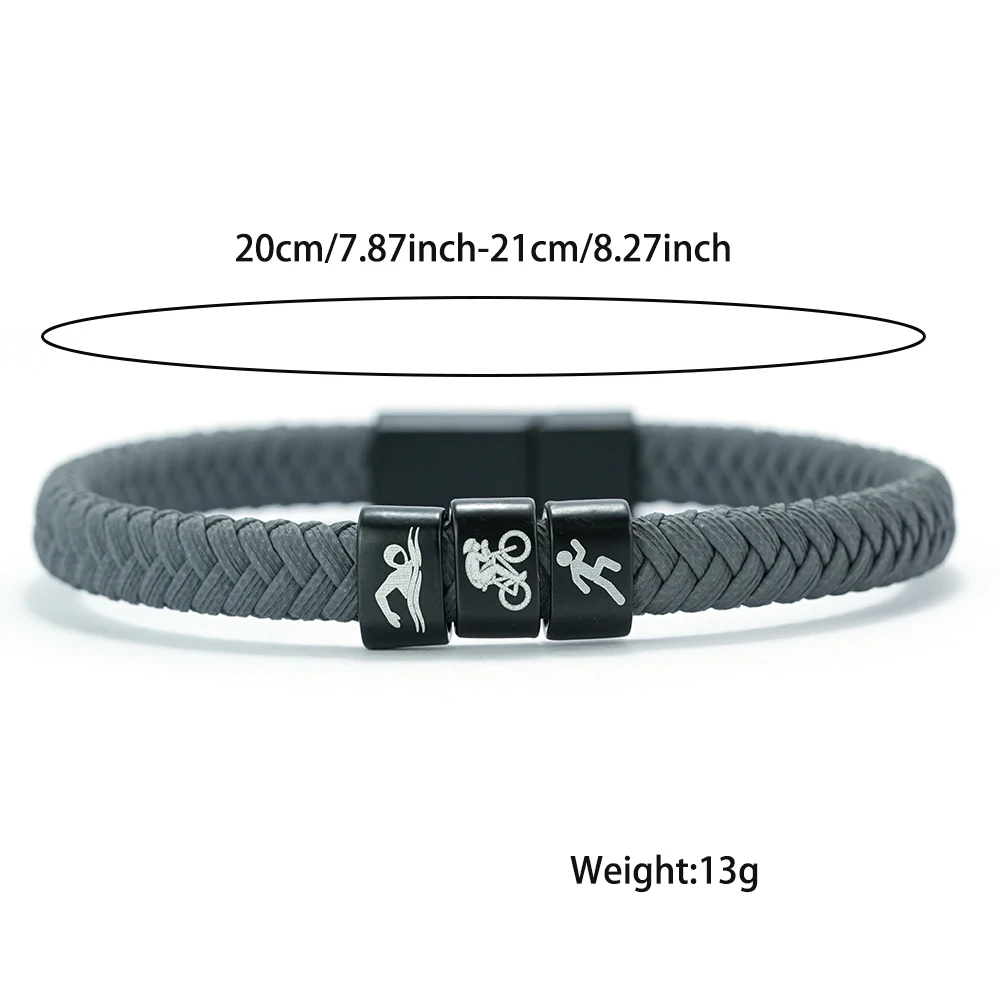 Black Braided Leather Bracelet for Men Engraved Running Cycling Swimming Triathlon Pattern Beads Bracelet Magnetic Jewelry