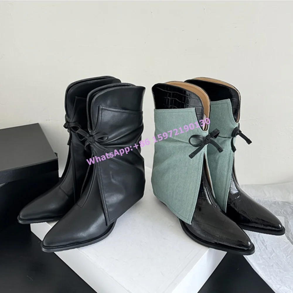 

Blue Black Bows Boots Pointy Toe Square Heels Lace Up Turn Over Edges Mid Calf Boots Women's Winter Fashion Runway Shoes 2025