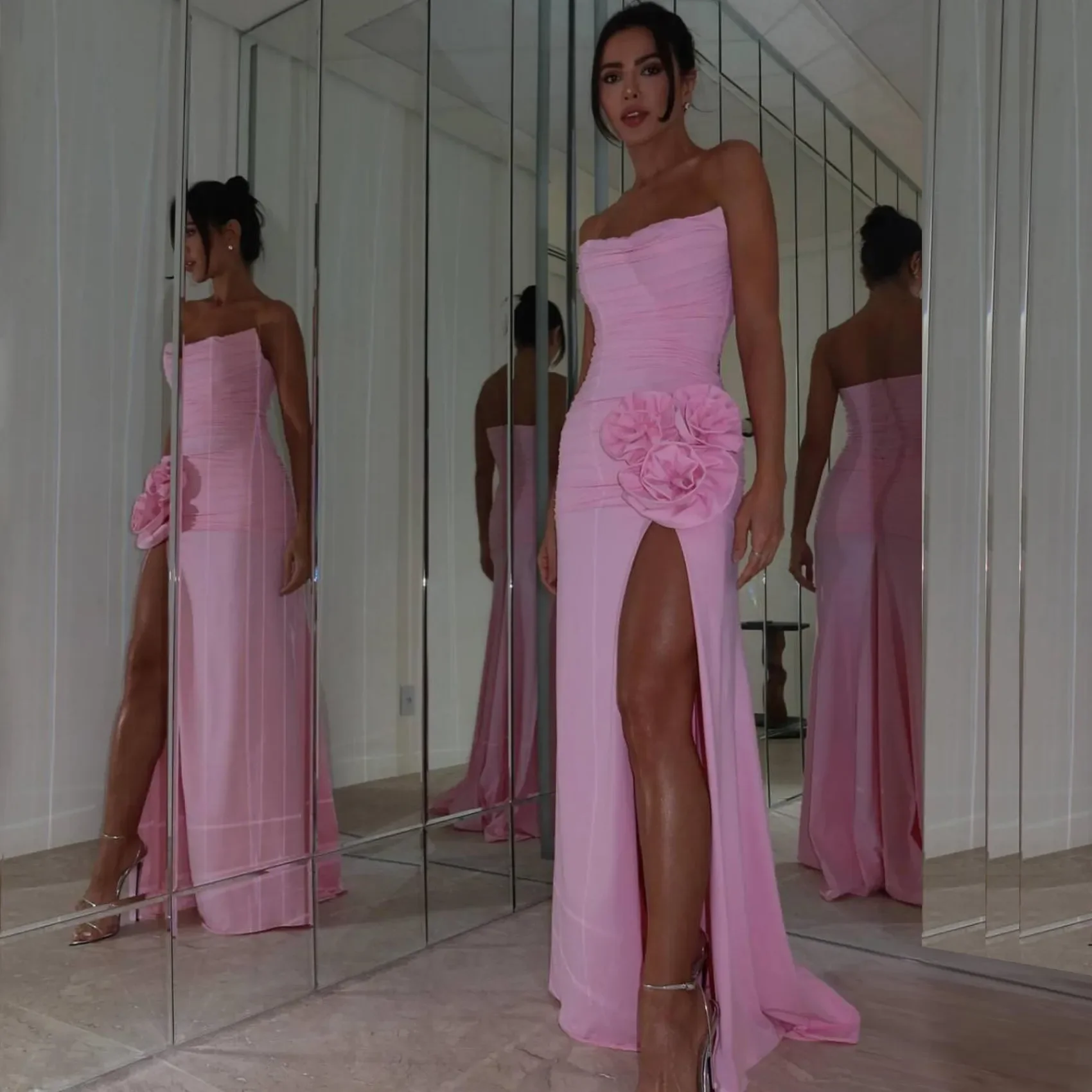 

Pink Formal Party Dresses with Hand Flower 3D Rose Long Prom Gown Celebrity Dress Customized