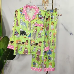 Autumn Silk Sleepwear Green Cartoon Print Women Pajamas Set Long-sleeved 2 Pcs with Trousers Satin Cardigan Home Clothes Female