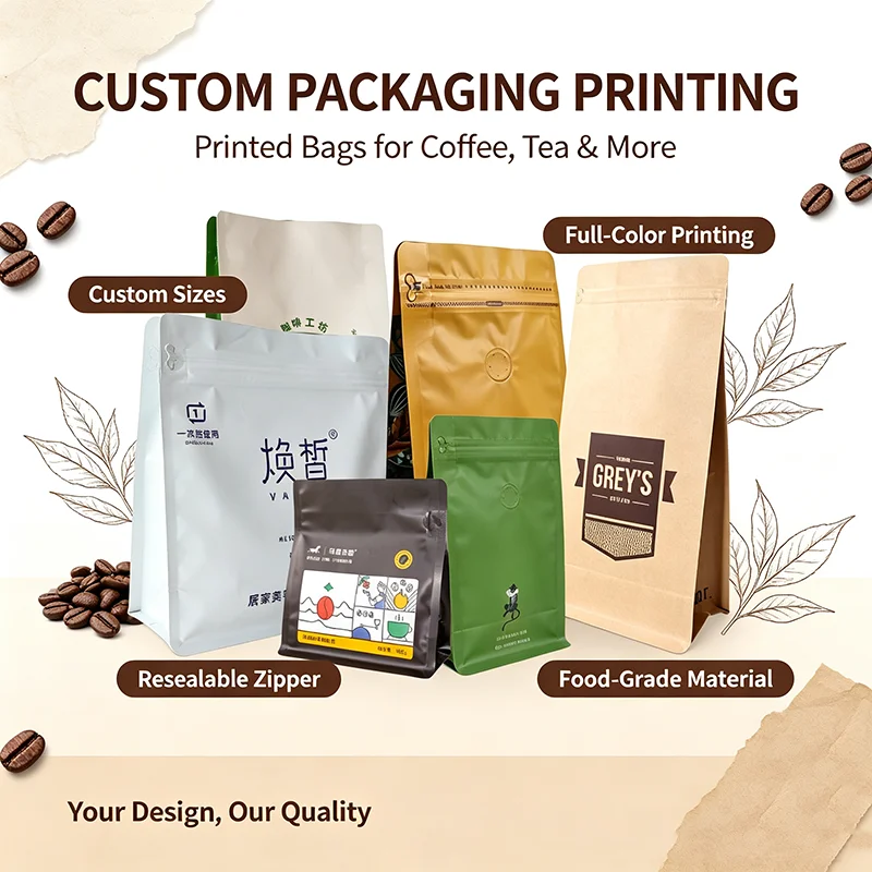 Aluminum Foil Stand-up Pouches For Coffee Bean Packaging Bags Custom Eight-Sided Sealed Tea & Food Packaging Bags with Zippers - view 3