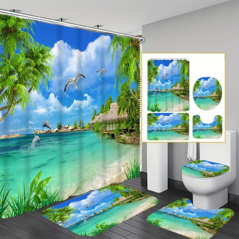 Tropical Beach Shower Curtain Set with Slip-Resistant Bath Mat, Toilet Lid Cover, Bathroom Rug, and 12 Plastic Hooks - Water-Res